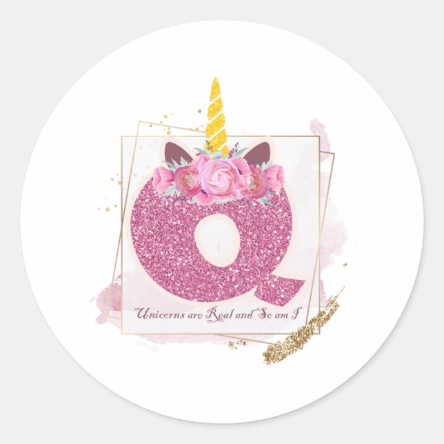 Unicorn Monograma Q Autocolantes Personalizados (Frente)