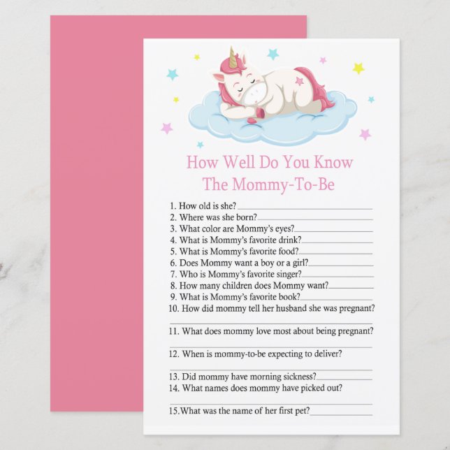 Unicorn Quão bem você conhece o chá de bebê (Frente/Verso)