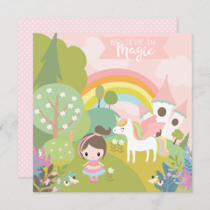 Unicorn Rainbow with Girl and Fantasy Castle