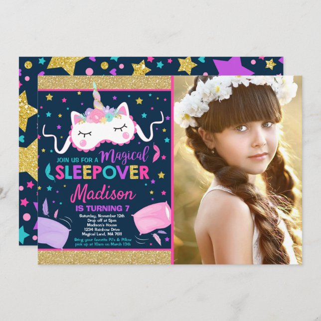 Unicorn Sleepover Convite de festas Slumber Party (Frente/Verso)