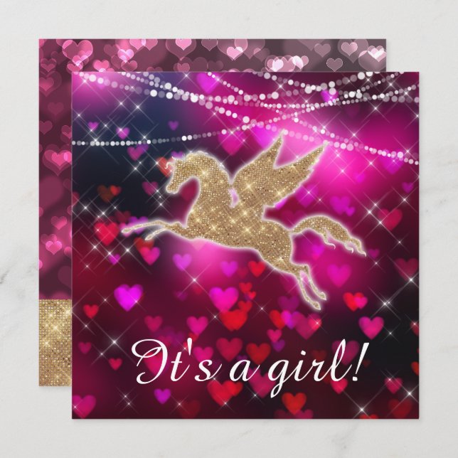 Unicórnio Cora Rosa Chá Menina Rosa Convite (Frente/Verso)