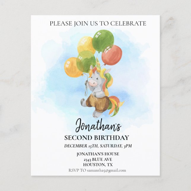 Unicórnio de Aniversário com Balões Aquarela (Frente)