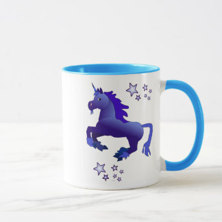Unicórnio dos desenhos animados e caneca azuis das