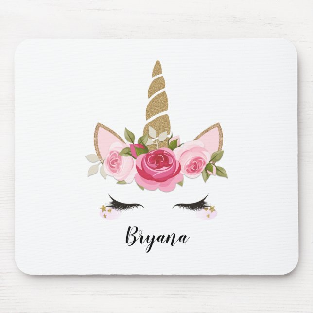 Unicórnio Dourado Floral Fofo Moderno Mouse Pad (Frente)
