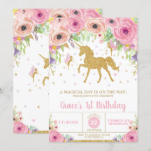 Unicórnio e Fada - Convite de Aniversário Rosa