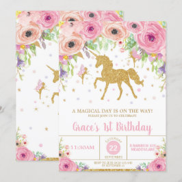 Unicórnio e Fada - Convite de Aniversário Rosa