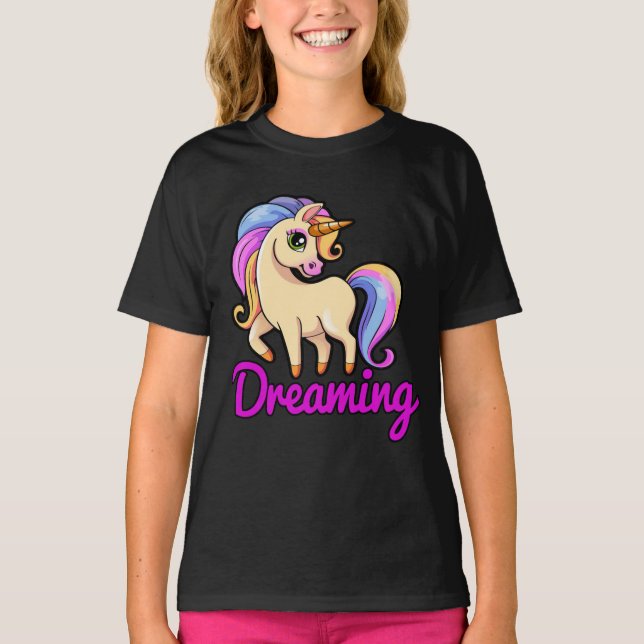 Unicórnio sonhando com camisa bonito do arco-íris (Frente)