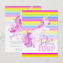Unicorus art arco-íris 4. convites de aniversário