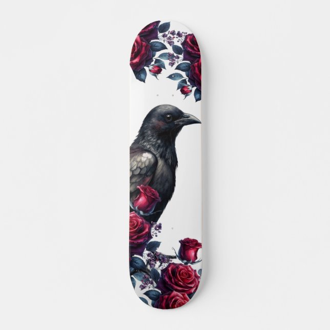 Unique Girly Black Raven & Red Roses Skate Deck (Frente)