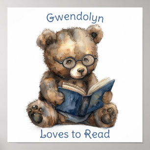 Ursery Art Poster Bear Lendo um Livro Personalizar