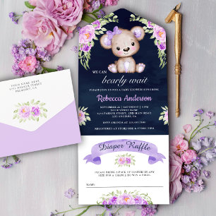 Ursinho de pelúcia floral roxo Convite de chá de b