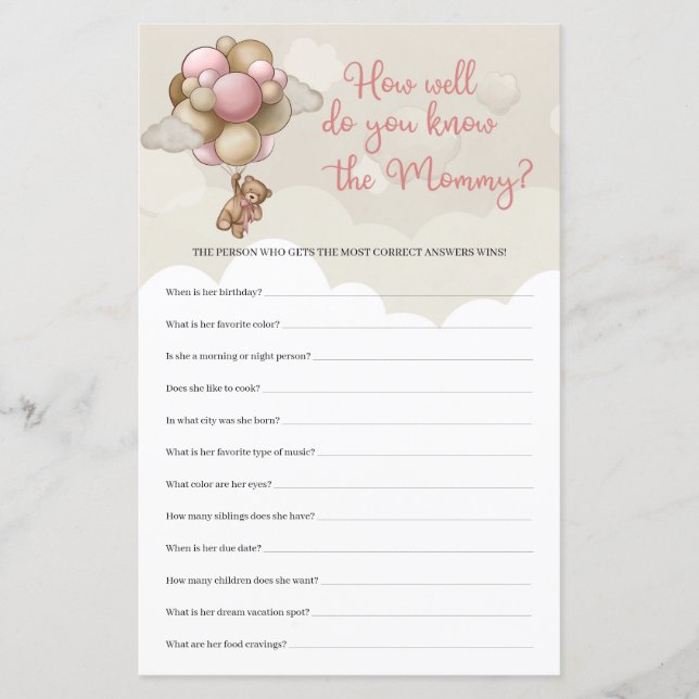 Ursinho rosa Rosa Como Você Conhece Bem A Mamãe? (Frente)