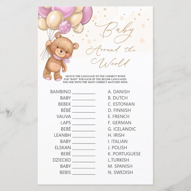 Urso Balões Rosa Bebê Ao Redor do Mundo Jogo (Frente)