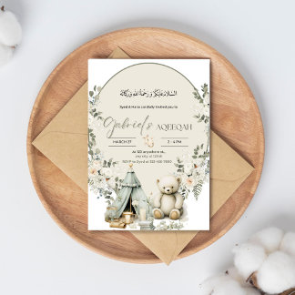 Urso Branco e Convite Floral Aqiqah