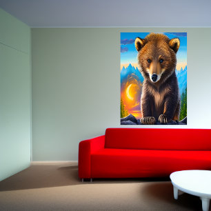 Urso castanho na floresta AI Art Poster