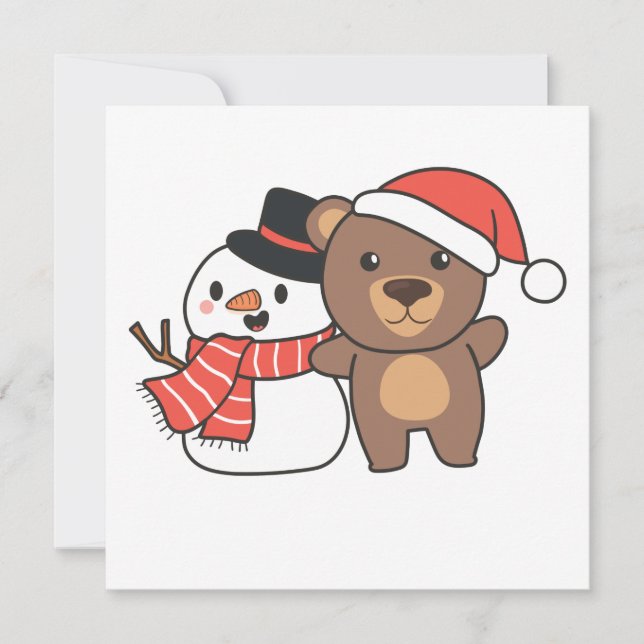 Urso Com Boneco de Neve No Inverno Para Convite De (Frente)