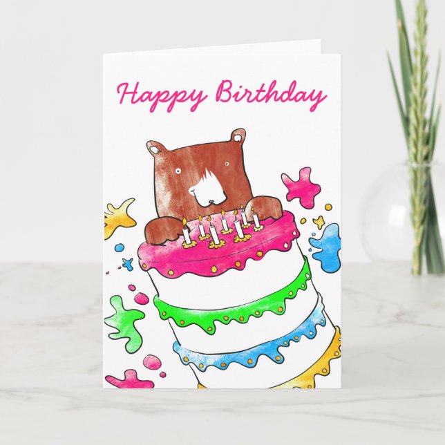 Urso com cartão de aniversário de bolo (Frente)