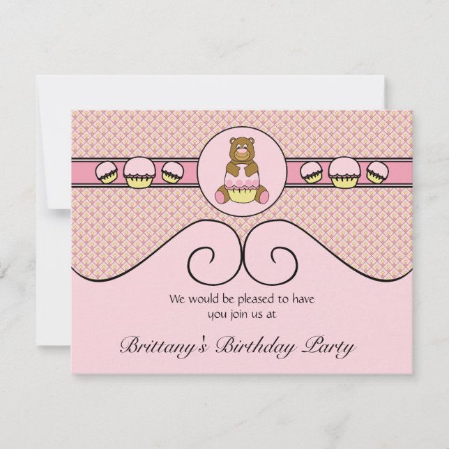 Urso com Cupcake Rosa Diamantes Convite (Frente)