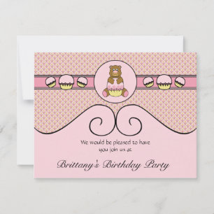 Urso com Cupcake Rosa Diamantes Convite