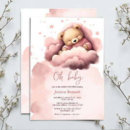 Urso cor-de-rosa no convite para chás de fraldas d