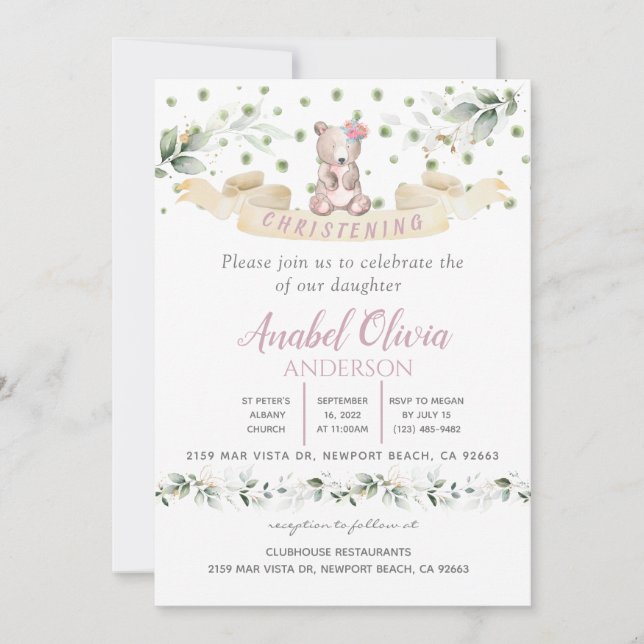 Urso Cor-de-rosa Verde Floral Baptism Convite Rapa (Frente)