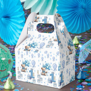 Urso de aniversário de 1 ano caixa de favor azul