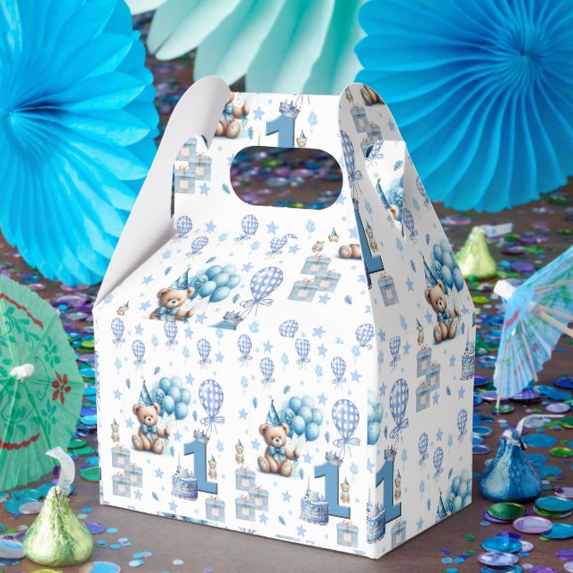 Urso de aniversário de 1 ano caixa de favor azul (Festa)