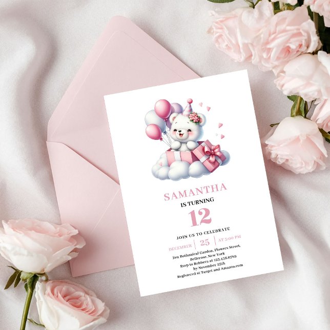 Urso de Aniversário de Menina Rosa Marfim Convite  (Girl Birthday Teddy Bear Pink Ivory Party Invite)
