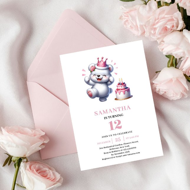Urso de Aniversário Menina Doce Convite Balão Rosa (Sweet Girl Birthday Teddy Bear Pink Balloon Invite)