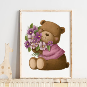 Urso de Flores em Aquarela Impressão de Urso par