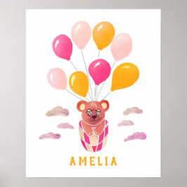 Urso de Pelúcia Fofo Balões Rosa Poster Nome da Cr