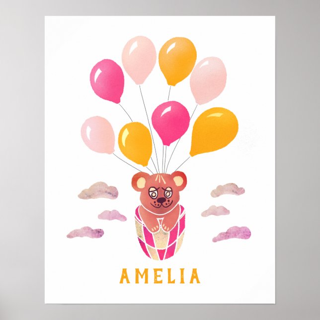 Urso De Pelúcia Fofo Balões Rosa Poster Nome Da Cr (Frente)