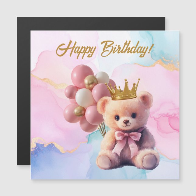Urso de Pelúcia Laço Rosa Coroa Dourada Feliz Aniv (Frente/Verso)