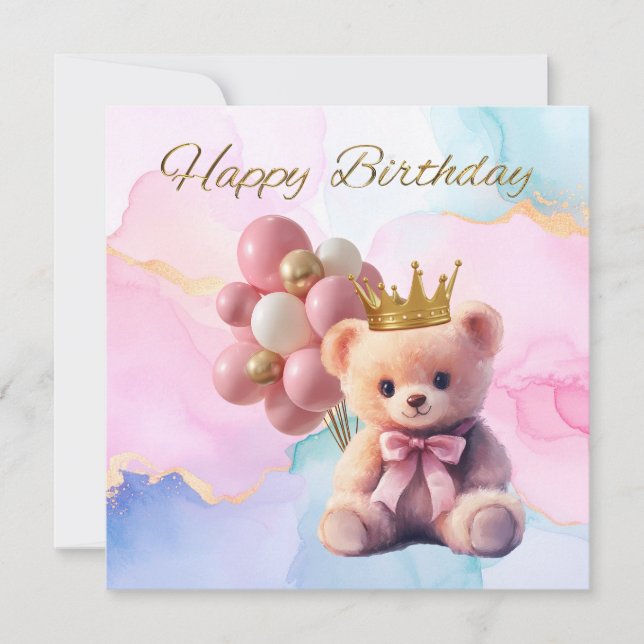 Urso de Pelúcia Laço Rosa Coroa Dourada Feliz Aniv (Frente)