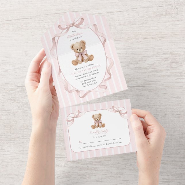 Urso de Pelúcia, Laço Rosa, Listras Rosas, Primeir (Aba destacável)
