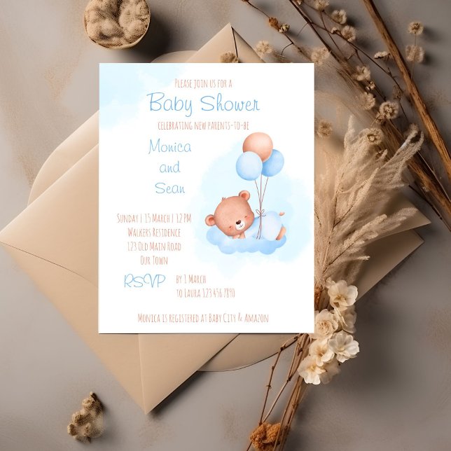 Urso de pelúcia Pastel com chá de fraldas de orçam (Teddy bear themed bearly wait baby shower editable template invitation cute teddy with balloons boy)