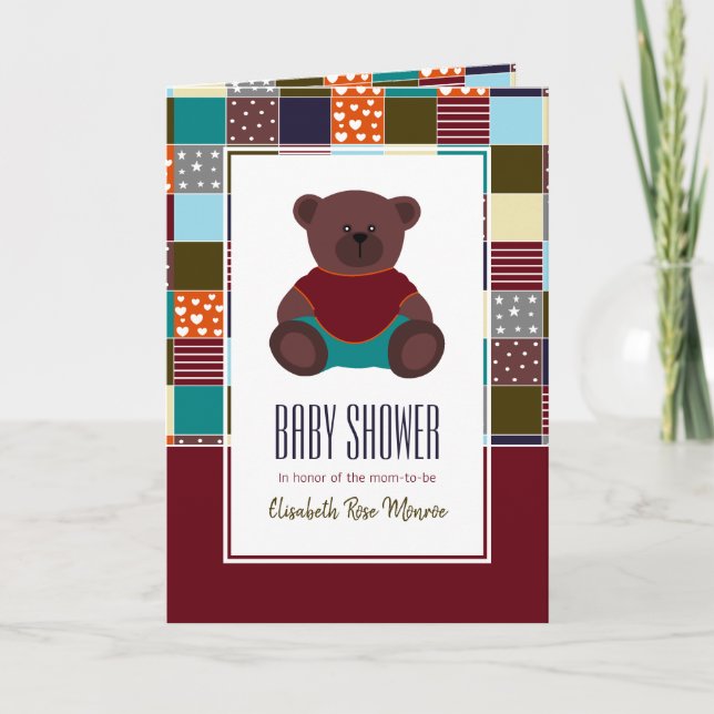 Urso de pelúcia patchwork, convite para chá de beb (Frente)