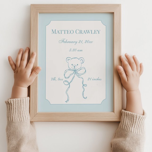 Urso de Pelúcia Personalizado Poster de Informaçõe (Personalized Teddy Bear Blue Birth Info Poster)