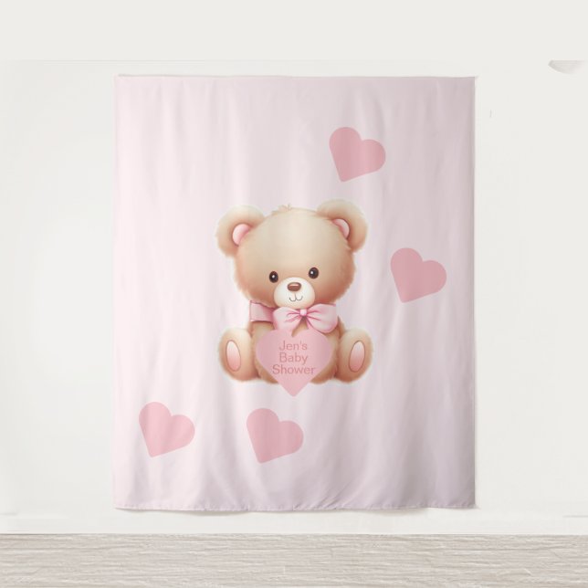 Urso de Teddy Corações Rosa Tapeçaria Fundo (Frente)