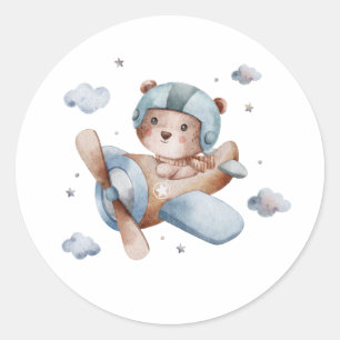 urso fofo voando de avião adesivo aquarela
