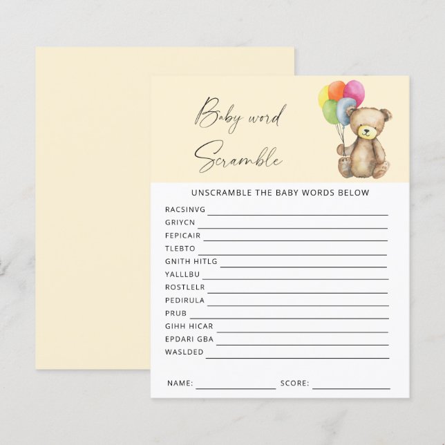 Urso - Jogo de chá de fraldas do Word scramble (Frente/Verso)