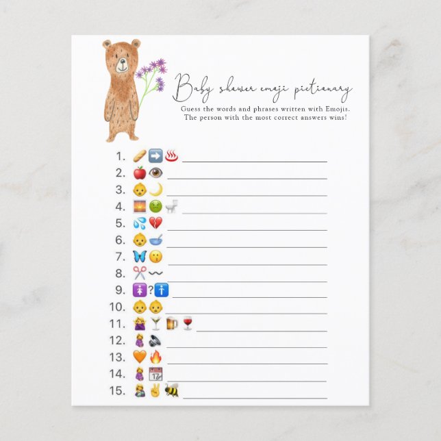Urso - Jogo de imagens de emoji baby shower (Frente)