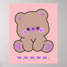 Urso Kawaii Fofo com Laços Roxos - Poster