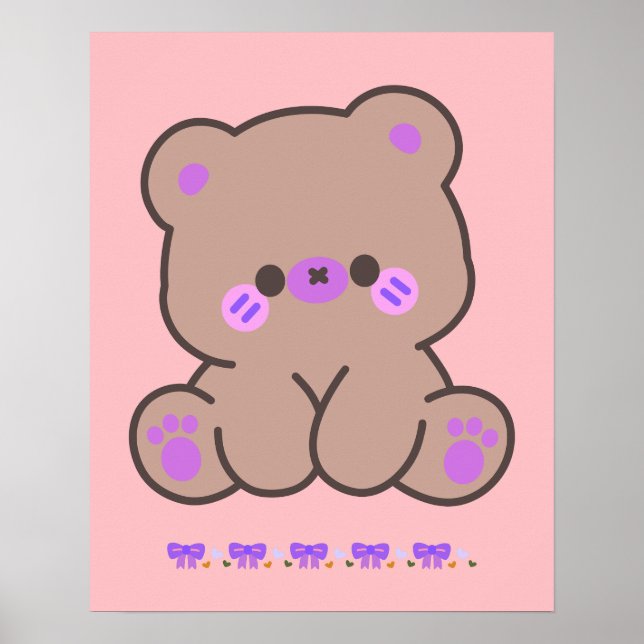 Urso Kawaii Fofo com Laços Roxos - Poster (Frente)