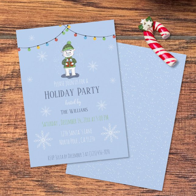 Urso Polar com Convite de Férias de Férias de Pres (Cute polar bear with gifts blue Holiday party invitation .
)