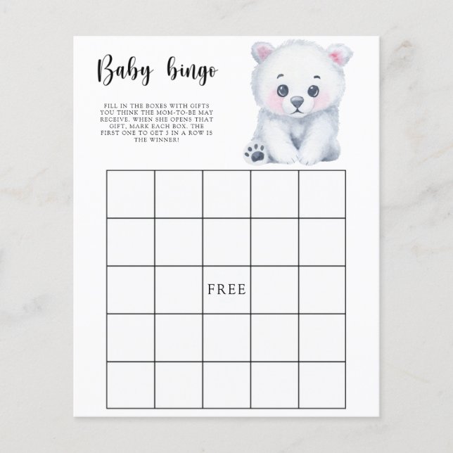 Urso Polar de Inverno - Jogo de bingo para chá de  (Frente)