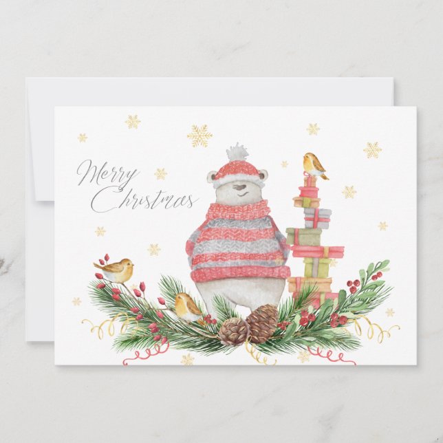 Urso Polar Whimsical com Verdes e Aves Feriados (Frente)