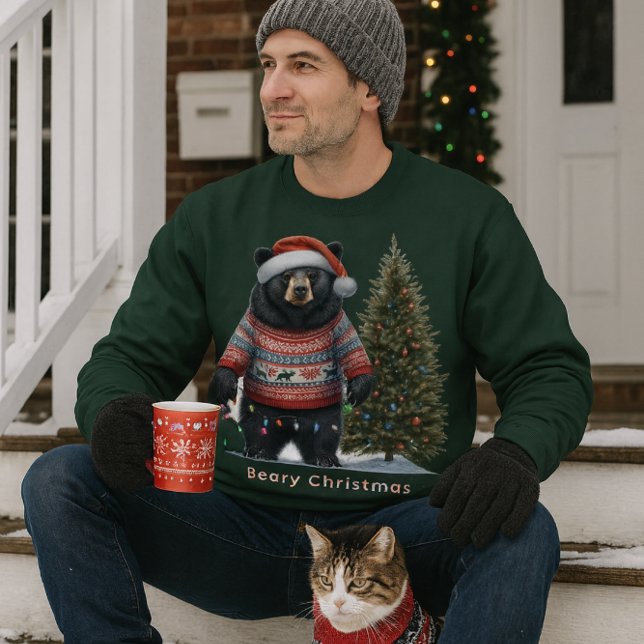 Urso Preto em Suéter de Natal Camisola de Festa (Cozy porch moment with hot coffee, cat and "Beary Christmas" sweatshirt.  Available in many colors)