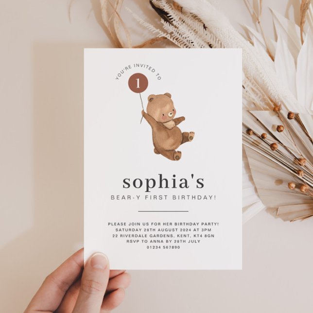 Urso Primeiro Aniversário Convite Terracotta Balão (Criador carregado)