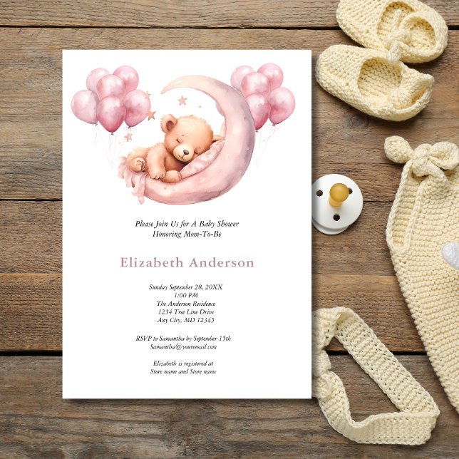 Urso Rosa Dormindo em Balões Lunares Convite de Ch (Pink Baby Bear Sleeping in Moon Baby Shower for Girl Invitation)